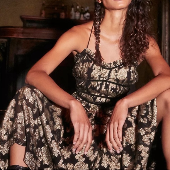 Free People Dresses & Skirts - Free People Charlie Bustier Metallic Velvet Ribbon Strappy Open Back Maxi Gown L